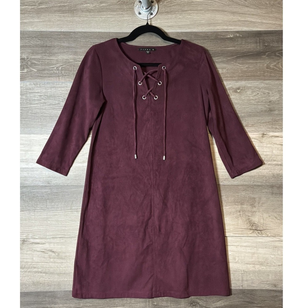 Tiana B Womens 4 Burgundy Faux Suede Lace Up Shift Dress 3/4 Sleeve Stretch
